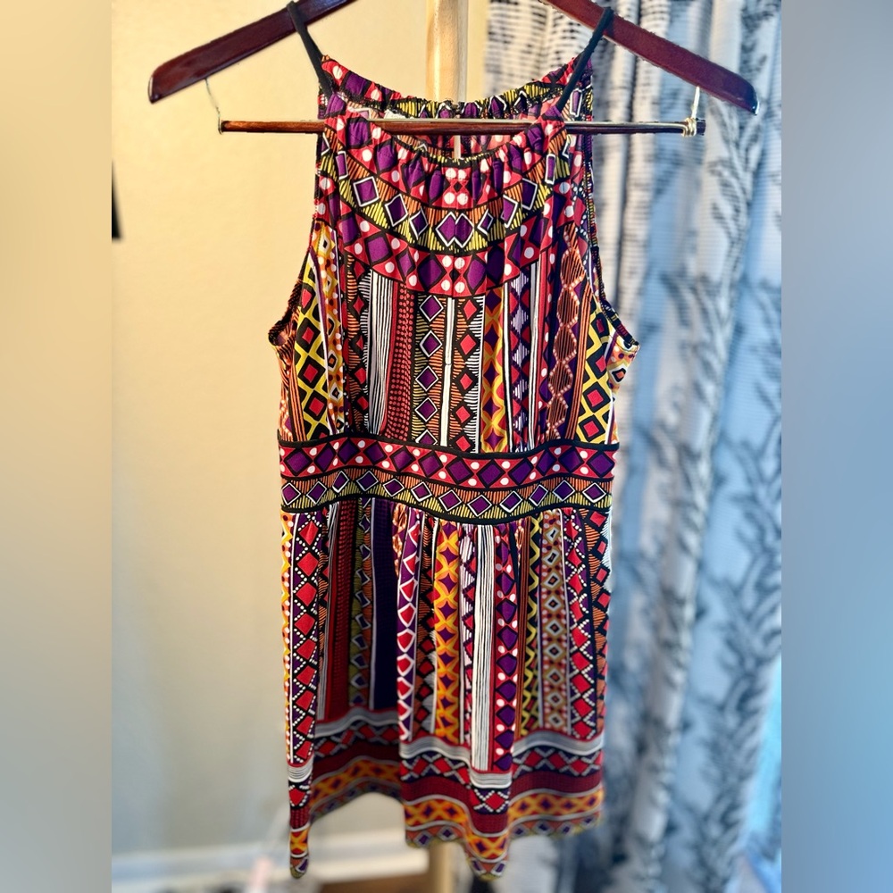 London Times Petite Multicolor Geometric Halter Mini Dress